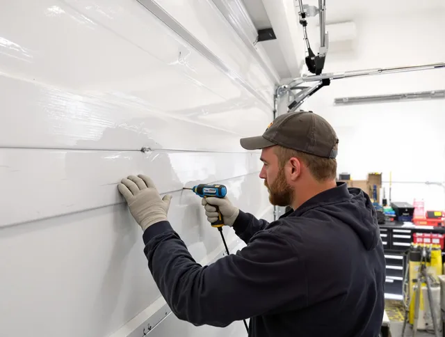Alhambra Garage Door Repair technician demonstrating precision dent removal techniques on a Alhambra garage door