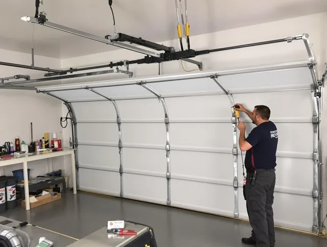 Alhambra Garage Door Repair certified technician performing overhead door system repair in Alhambra