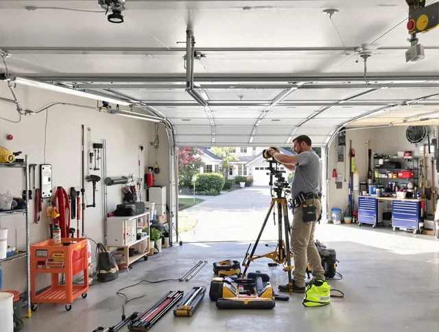 Alhambra Garage Door Repair specialist performing laser-guided track alignment in Alhambra